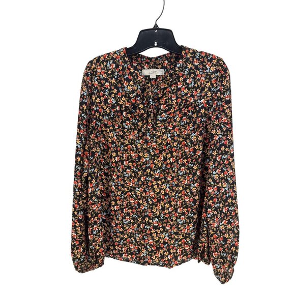 Loft Floral Ruffle Neck Blouse M Brown Long Sleeve Boho Cottagecore Career - Picture 1 of 8